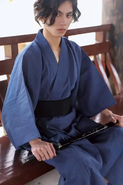 日本和服男服传统和服男士浴衣长袍浴袍桑拿服写真服装棉麻透气灰蓝色