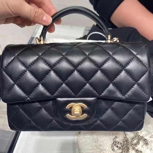 香奈儿(chanel)女包 单肩包 斜挎包 黑金羊皮cf 手柄大mini 芯片款 黑