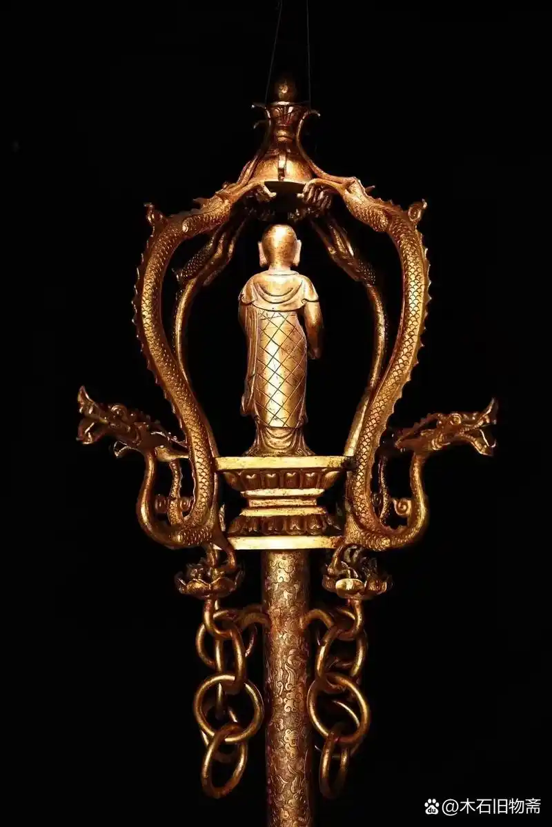 珍品旧藏古寺院收高浮雕錾刻鎏金站地藏王菩萨禅杖一根 品相保存完好