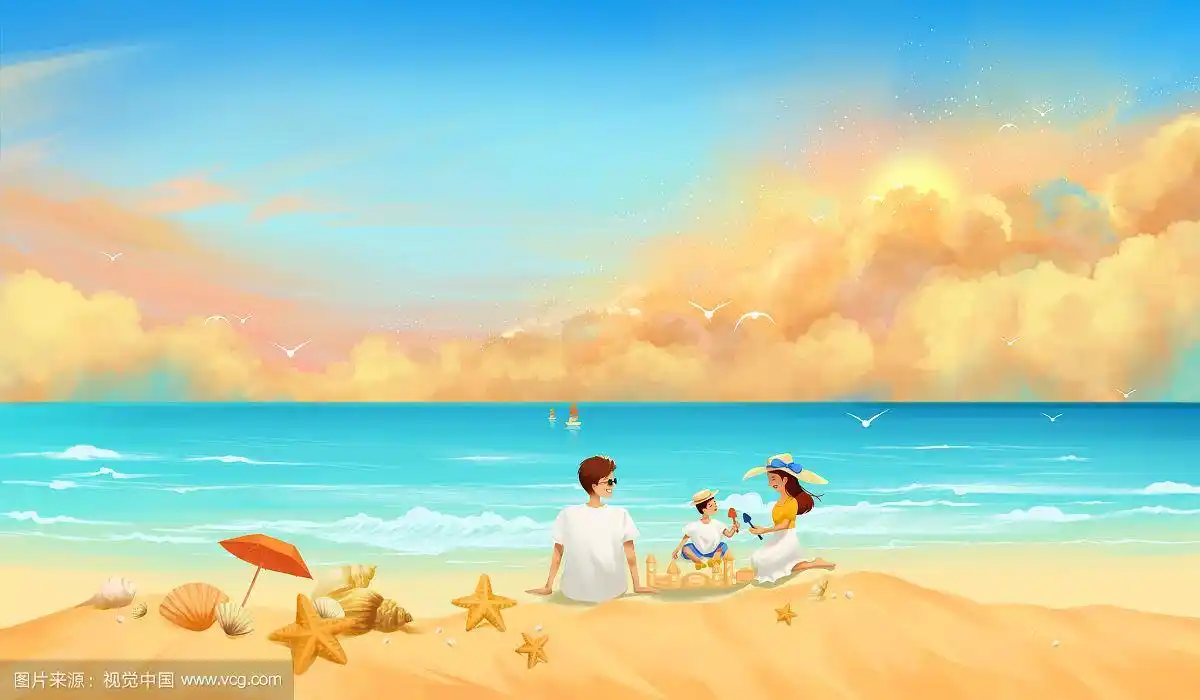 一家三口在海边玩耍度假的一家人创意插画