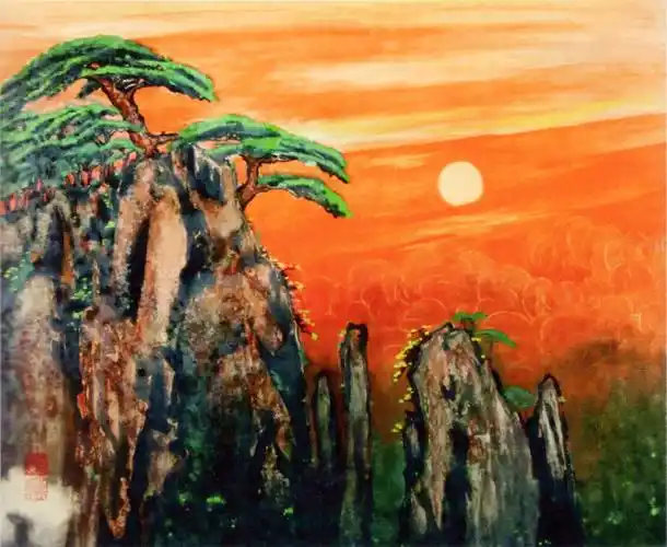 黄山日出刀笔水粉画