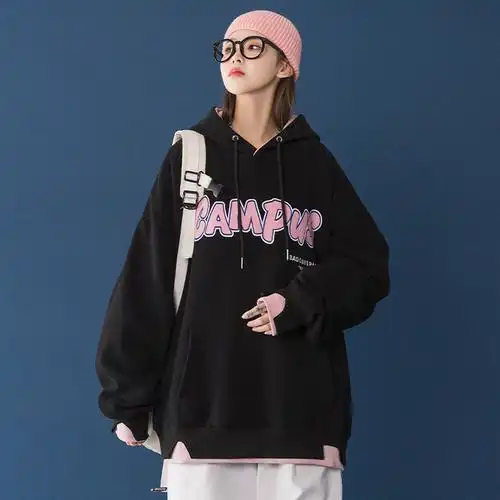 套头黑色带帽卫衣女