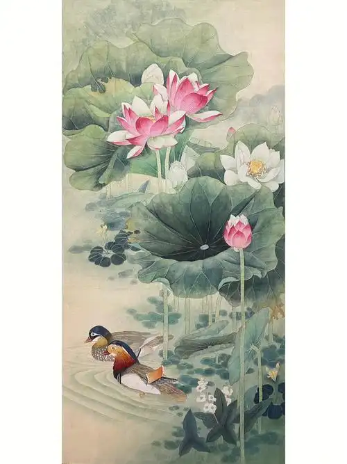 工笔花鸟荷塘鸳鸯图