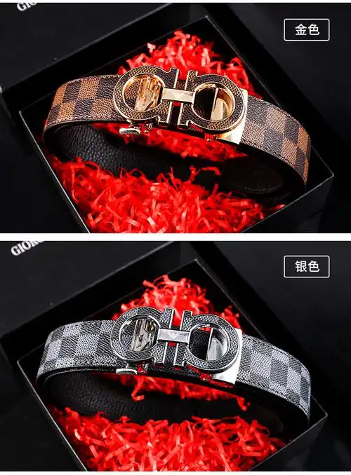 阿玛尼男士皮带商务真皮牛皮压花腰带自动扣年轻人裤带金色115cm