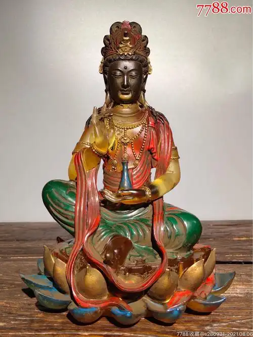 旧藏古法老琉璃彩绘佛像莲花观音菩萨一尊恭请供奉佛像摆件高24厘米长