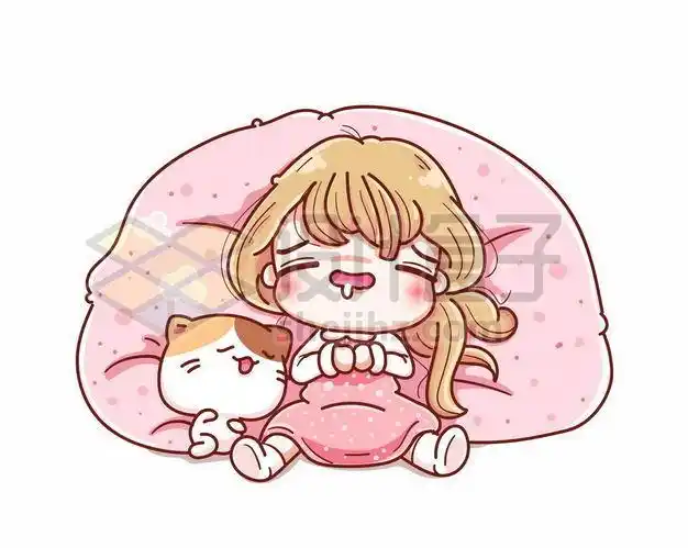 超可爱卡通女孩和猫咪躺在懒人沙发上睡觉1595315png图片免抠素材