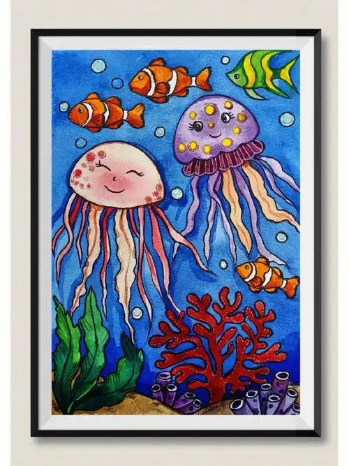 水母是主角的海底世界,是给孩子们做的考级范画.