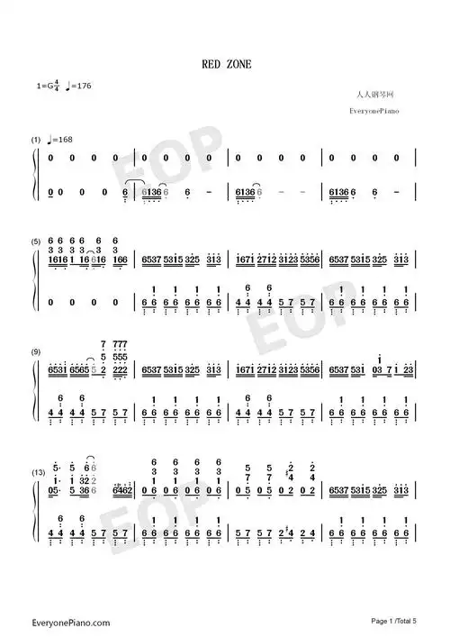 red zone-鬼畜神曲双手简谱预览1