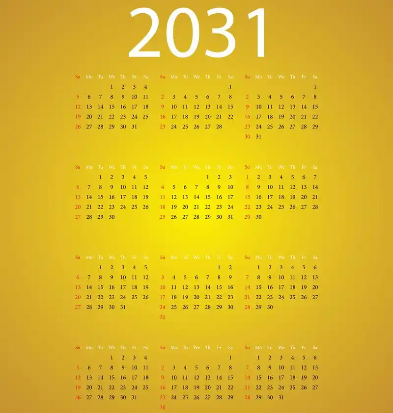 日历 2031,与所有月份 2031年简单矢量日历