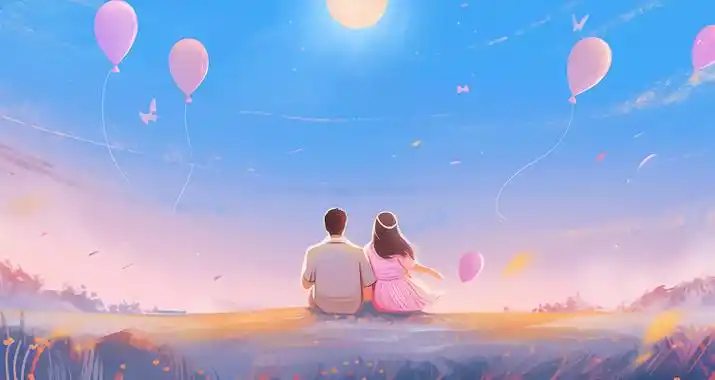 情侣紧挨着坐在一起的背影唯美浪漫情人节爱情双人手绘插画温馨氛围感