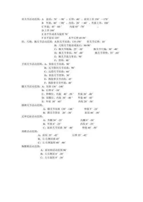 人体各关节活动度正常值