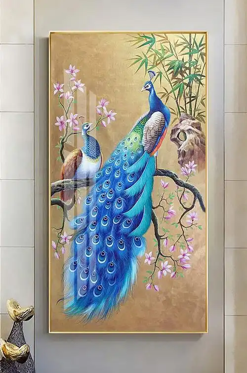 手绘现代轻奢孔雀玄关画-众图网