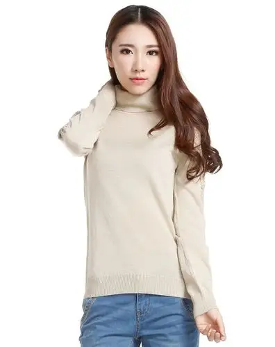 浅米驼色织花高领长袖毛衫