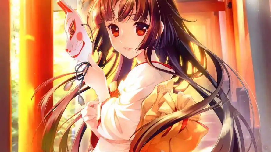 女孩,和服,面具,可爱动漫美少女,桌面壁纸