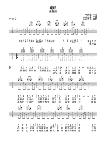 暖暖吉他谱_b调弹唱谱_梁静茹_吉他弹唱视频_原版吉他谱_虫虫吉他