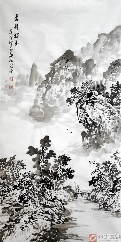 名家水墨山水画《古刹探幽》 - 写意山水画 - 99字画网