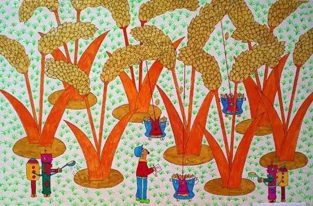机器人种庄稼幼儿蜡笔画作品