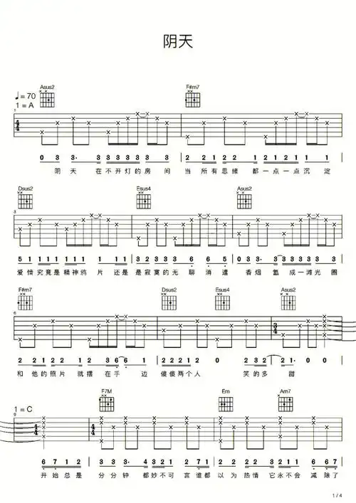 安排一首莫文蔚的《阴天》要的自取～#吉他谱
