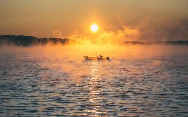 海,船,雾,早上,日出 壁纸