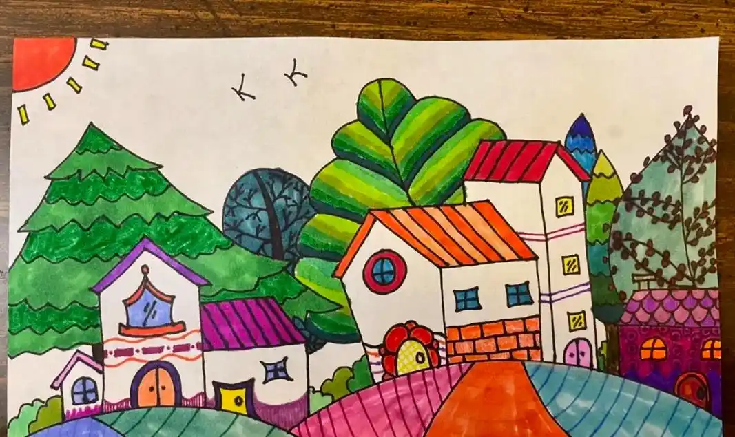 田园乡村简笔画.#图文伙伴计划 #一起学画画  勾线笔画出房 - 抖音