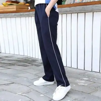 校裤蓝色运动上海中学生裤子长裤一条白边细边学生校服