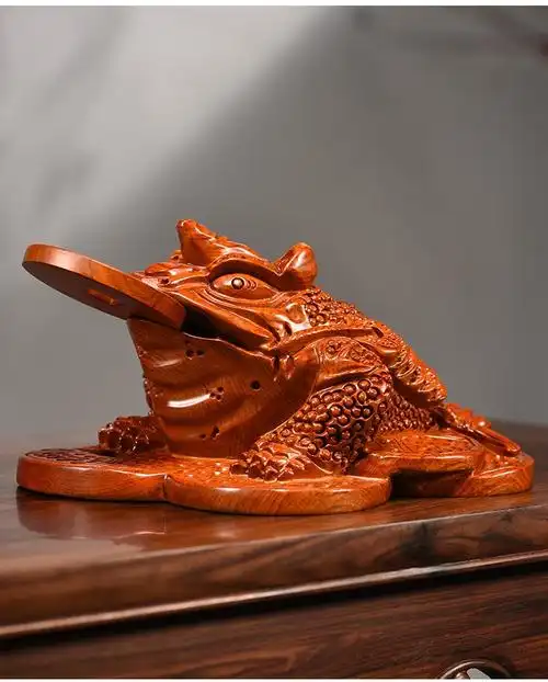 浣彩花梨木雕三足金蟾蜍风水招财摆件客厅装饰酒柜摆件实木雕刻工艺品