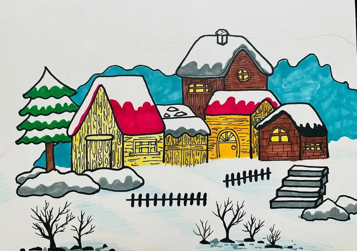 《冬雪》6-8岁儿童画作品  下雪啦!下雪啦!快来欣赏美丽的雪景