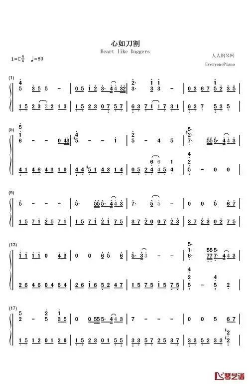 心如刀割钢琴简谱-数字双手-张学友1