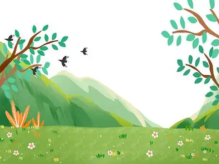 绿色手绘卡通草地草坪花草树木山元素png素材