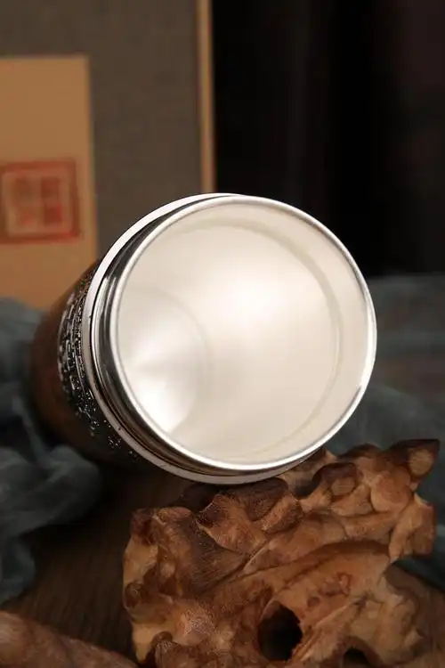 纯银养生杯银杯子纯银保温杯999雪花银内胆银水杯商务养生茶杯礼黑色