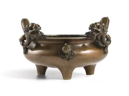 清十八世纪 铜双龙耳三足炉 《大明宣德年制》仿款