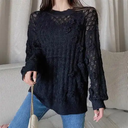 实拍实价 新款手工花朵镂空毛衣女显瘦遮肉宽松针织上衣