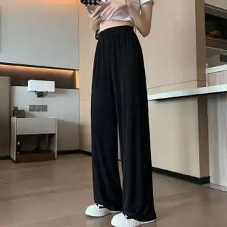 弟系黑色阔腿裤女夏季薄款直筒高腰垂感拖地裤长裤冰丝夏 黑色-小个子