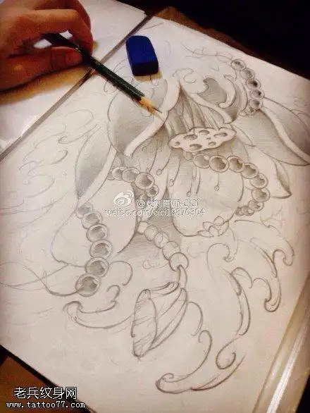莲花佛珠纹身手稿图片