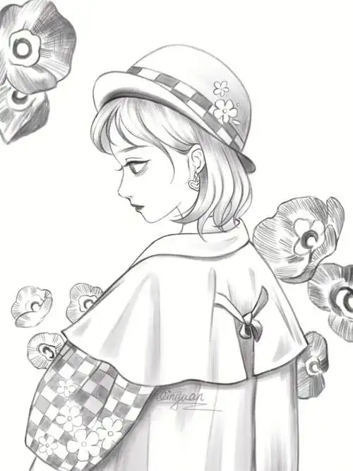 侧面半身像速写练习花园百货店少女插画