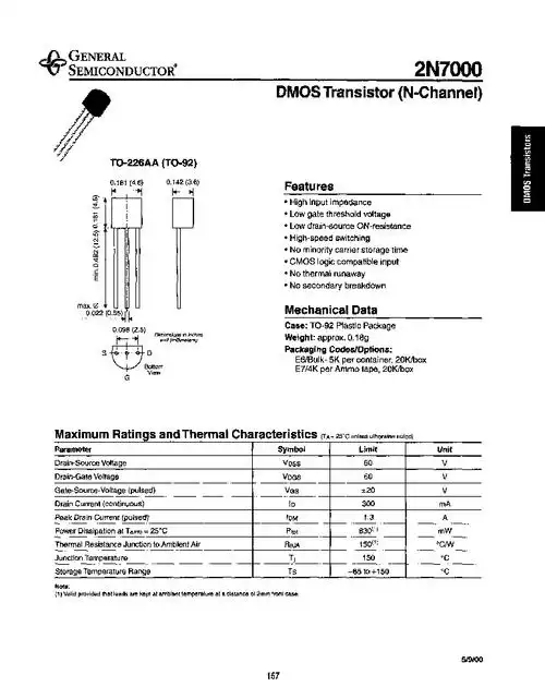 > 2n7000/e6 (general semiconductor inc) 300 ma, 60 v, n-channel