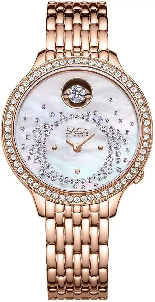saga 奢华水晶女士石英手表,意大利牛皮表带手表水晶点