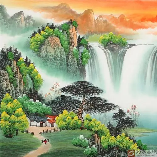 吴东 四尺《旭日东升》聚宝盆山水画 - 聚宝盆山水画 - 99字画网