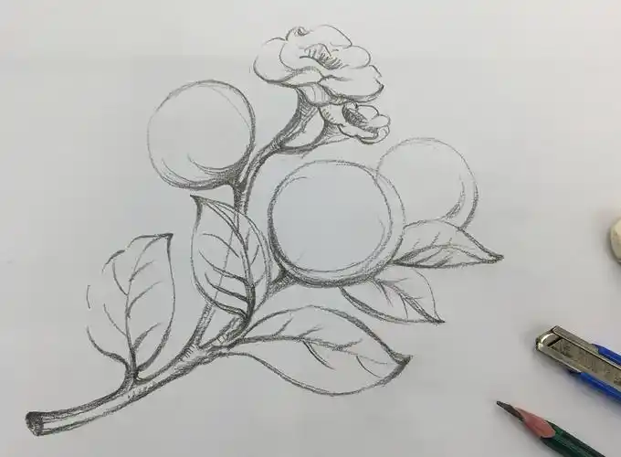 手绘山茶插图铅笔稿
