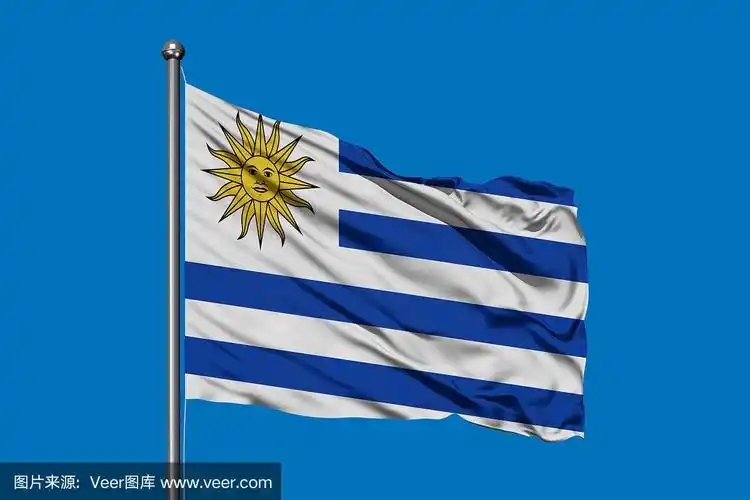 乌拉圭国旗在深蓝色的天空中迎风飘扬.乌拉圭国旗.