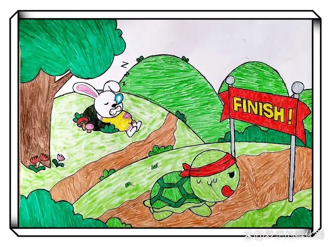 儿童故事简笔画, (龟兔赛跑)简笔画配画