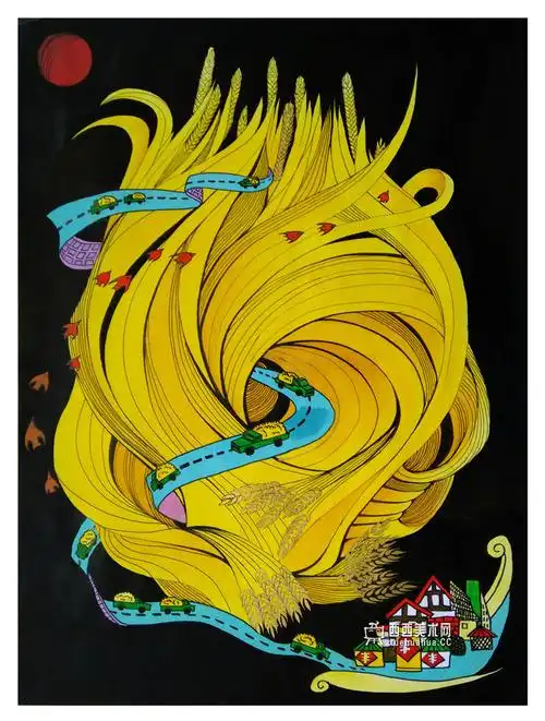 一等奖小学生科幻画《麦浪遮天》