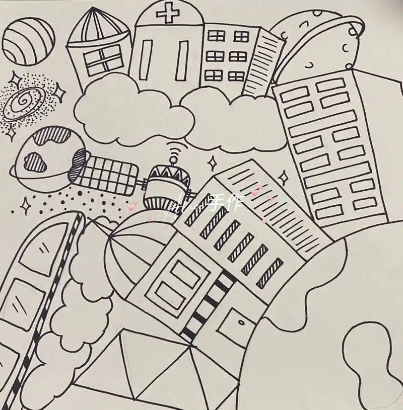 绘画篇之科技太空城市(附线稿) 太空城市 线稿加涂色 半临摹 如有侵犯