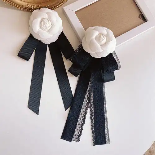 山茶花领结蕾丝长飘带简约职业领花复古领口装饰蝴蝶结别针配饰