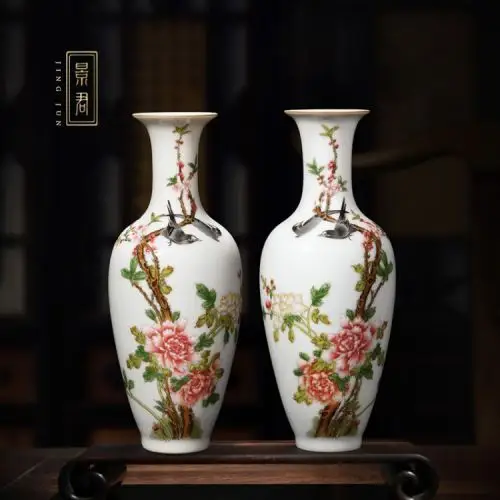 景君景德镇陶瓷器手绘粉彩花鸟花瓶摆件客厅家居装饰工艺品摆设