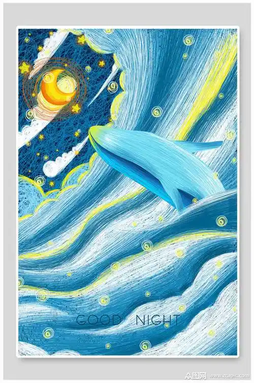 蓝色梦幻鲸鱼插画素材