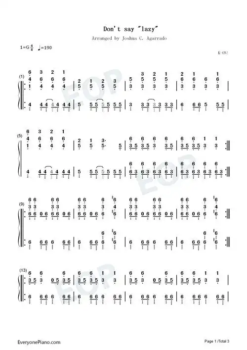 dont say lazy-轻音少女 ed- k-on!ed双手简谱预览1