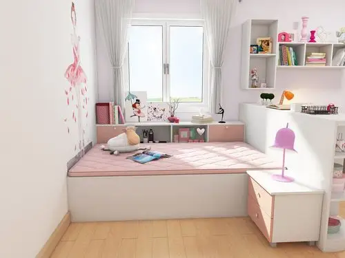 家居00梦幻公主房,榻榻米书桌衣柜一体化儿童房