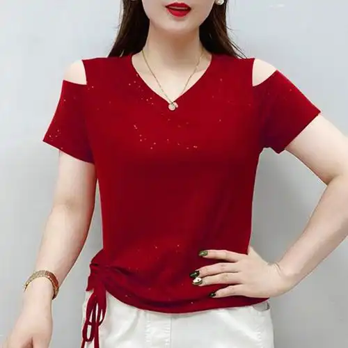 大码夏装露肩v领短袖t恤女士2022年新款一字领体恤衫修身显瘦上衣