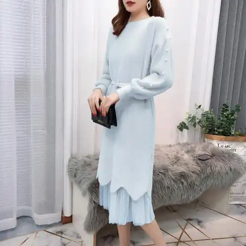 仿水貂绒长款毛衣裙过膝打底裙女秋冬温柔风两件套连衣裙套装裙